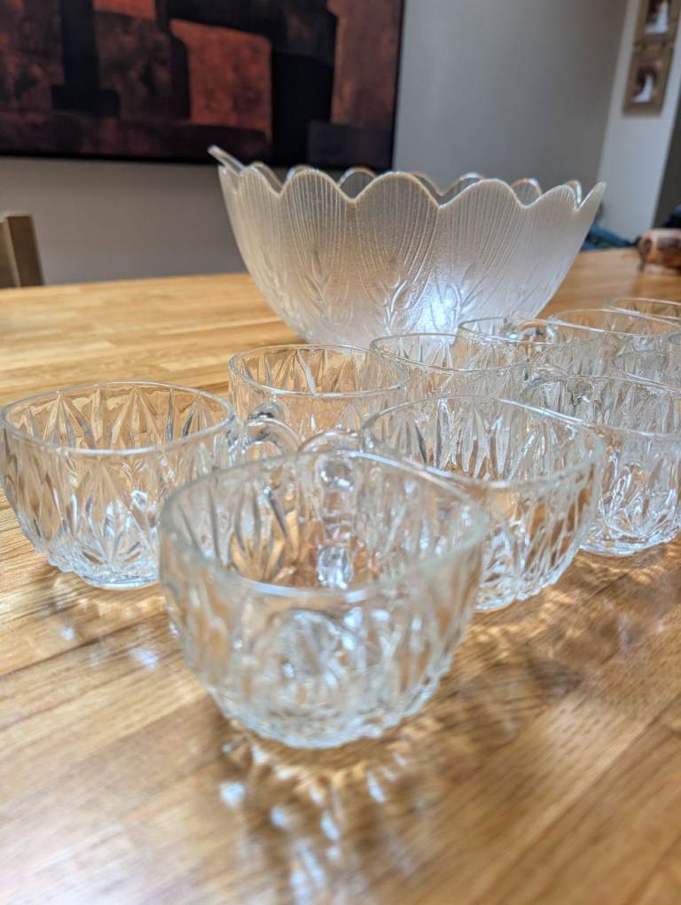 Clear Glass Punch Bowl Set with 12 Matching Cups