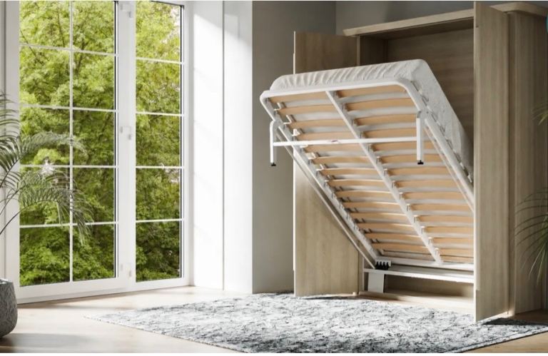 White Metal Wall Bed Frame with Mattress - Double Size