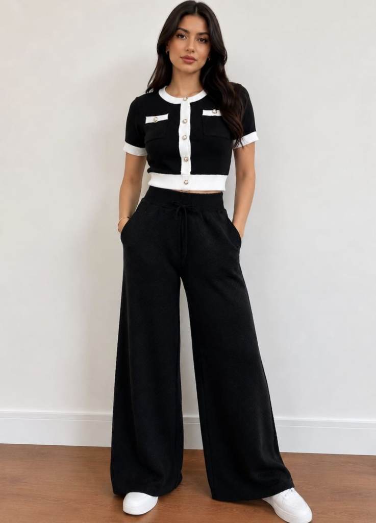 Brand New Black and White Two-Piece Cropped Cardigan and Wide Leg Trousers Set