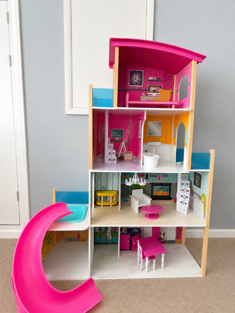 Large Wooden Dolls House with Furniture and Slide
