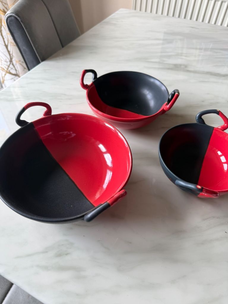 Set of 3 Red & Black Ceramic Bowls with Handles
