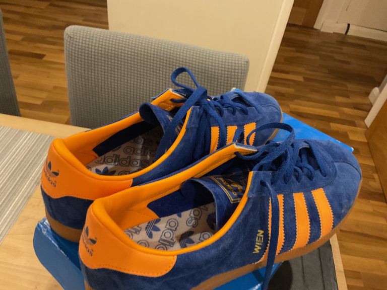 Adidas Wien Trainers UK 10, Blue and Orange Suede, light use, immaculate 