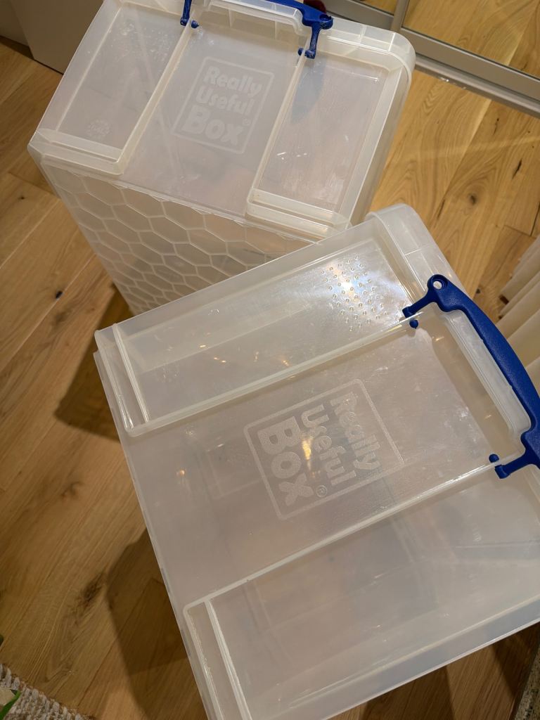 2*64 L + 2*84L Clear Really Useful Storage Boxes with Blue Handles