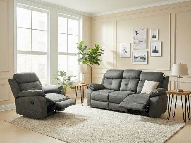 Ex-Display Boston Grey Fabric 3 + 2 Manual Recliner Sofa Set