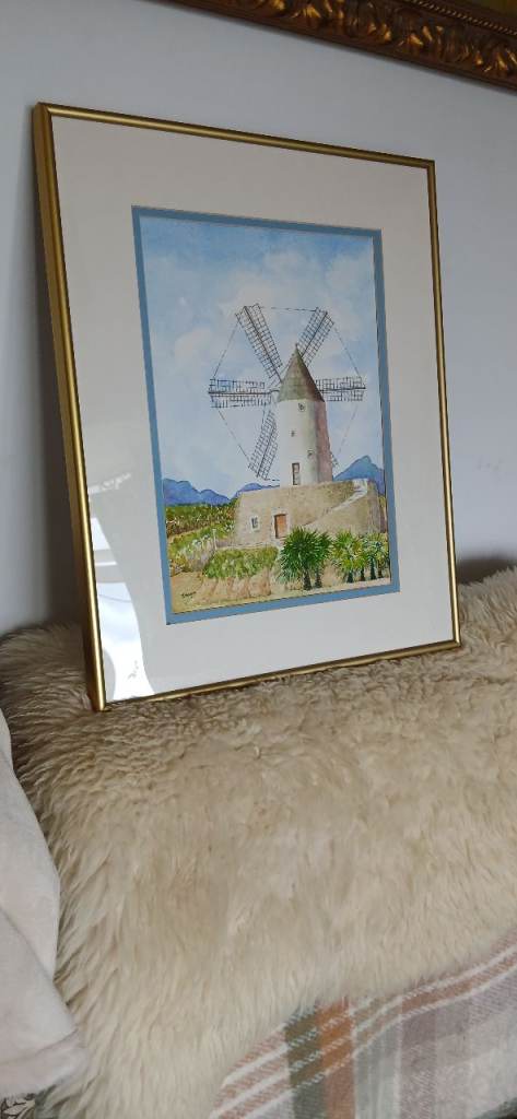 Framed Windmill Watercolour Painting – Good Condition