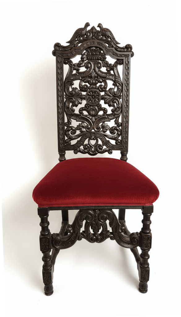 image for Antique Carved Hardwood & Red Velvet Renaissance Revival Chair – Dramatic Statement Piece