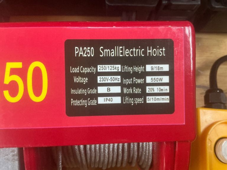 PA250 Small Electric Hoist - 250kg Capacity, As New