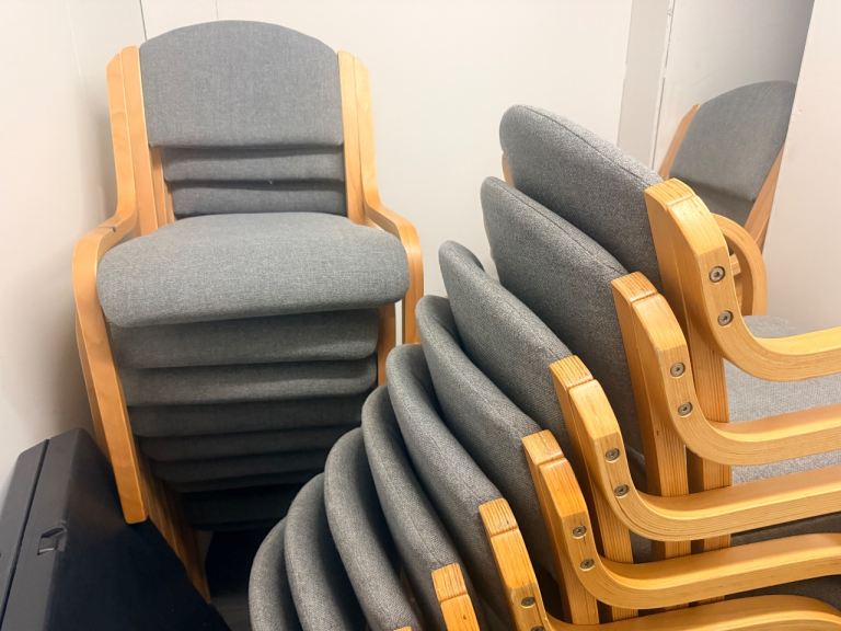 Stackable Grey Fabric Chairs with Wooden Frames – Good Condition