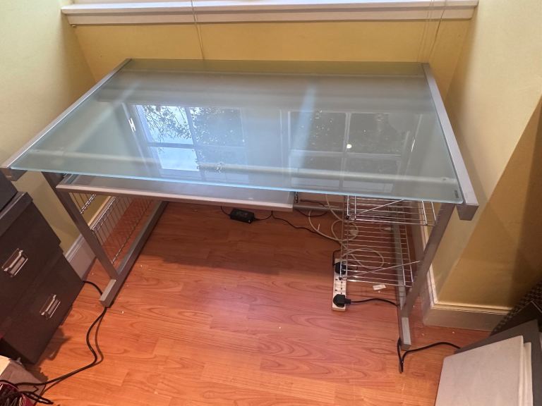 Glass Top Computer Desk with Pull-Out Shelf
