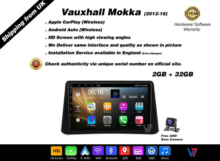 Vauxhall Mokka 2012-2016 CARPLAY Android Auto HD Screen Head Unit GPS Stereo LCD Panel V7