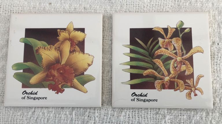 TWO Decorative Tiles ORCHID OF SINGAPORE Ex Condition 