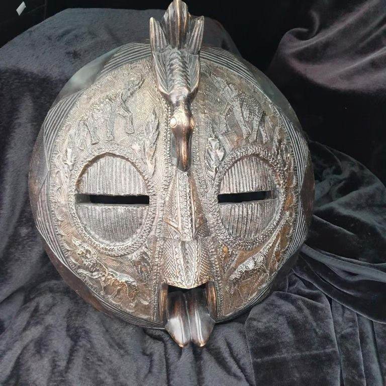 image for Large Modern Wood & Metal Traditional Round African Tribal Face Mask