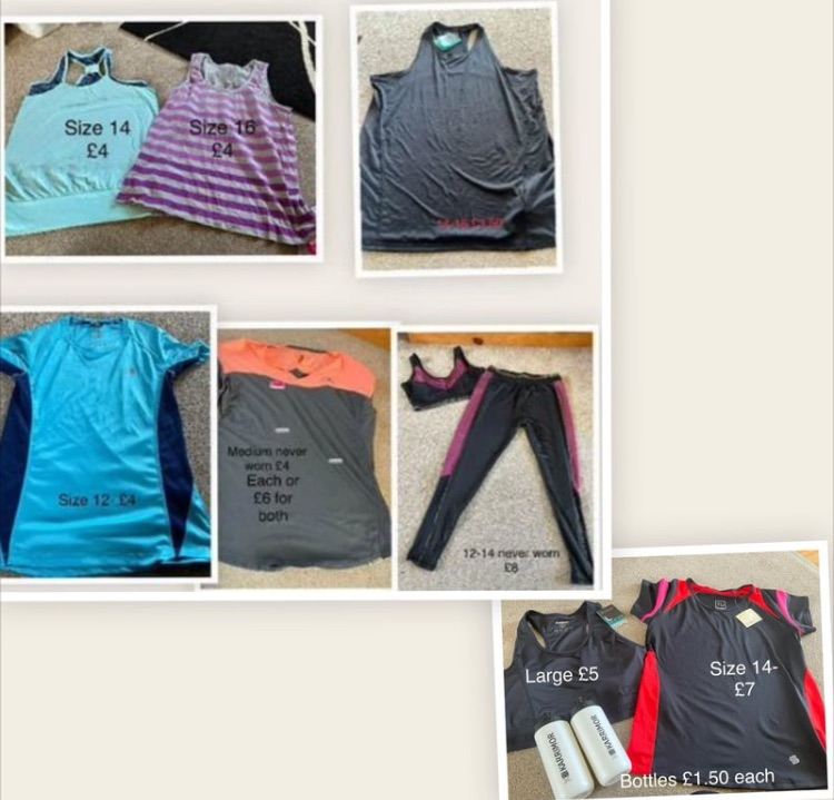 Ladies Gym clothing, water bottles 