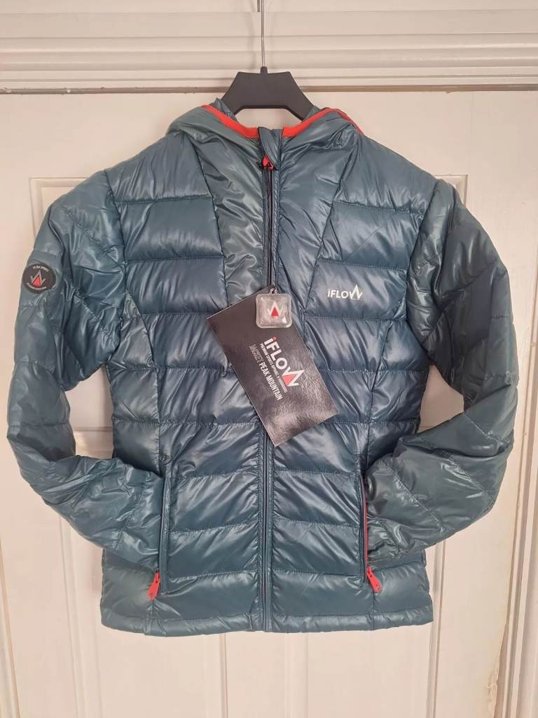 IFLOW Peak Mountain weather resistant Down hooded jacket blue red 10 BNWT -60%