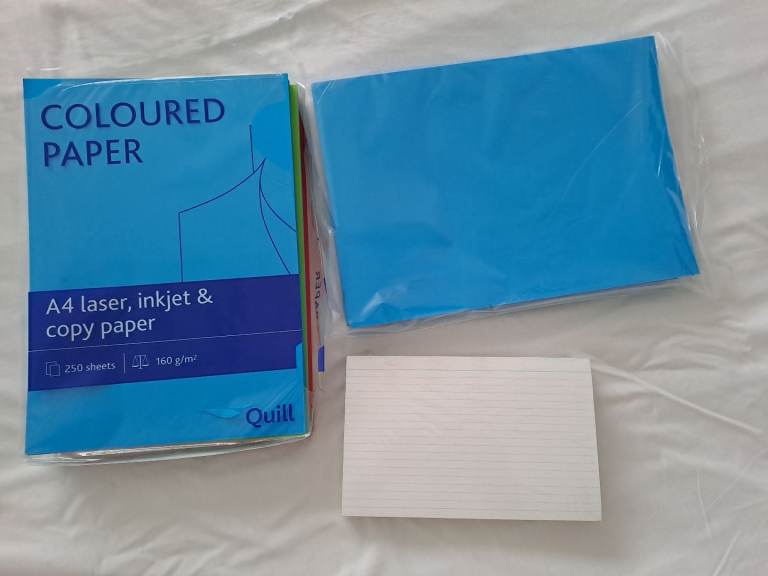 Misc coloured a4 paper and large record/study cards 