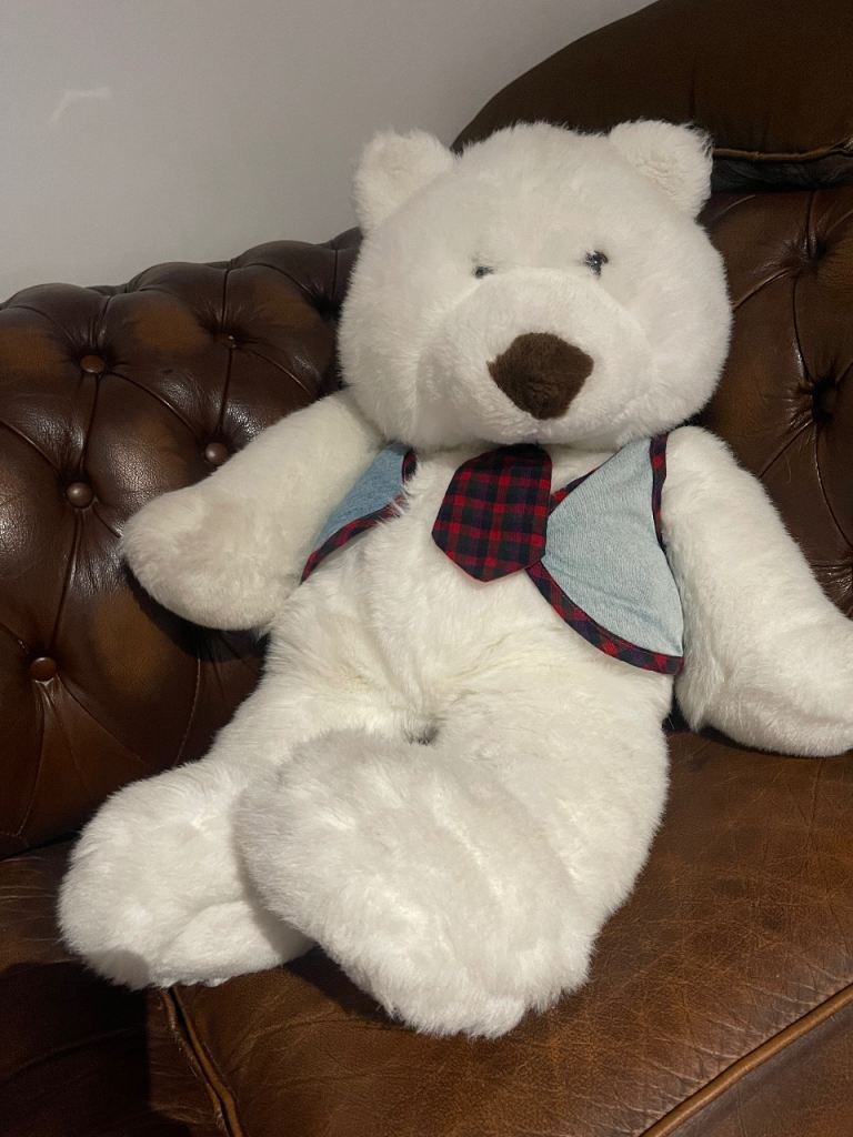 Large White Teddy Bear with Waistcoat and Tie