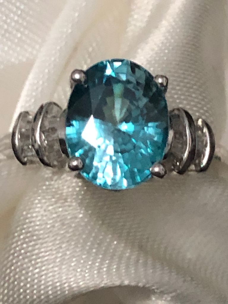 9X7 Blue Zircon Diamond Ring Size N Q V Sterling Silver 925 Platinum Overlay NEW 