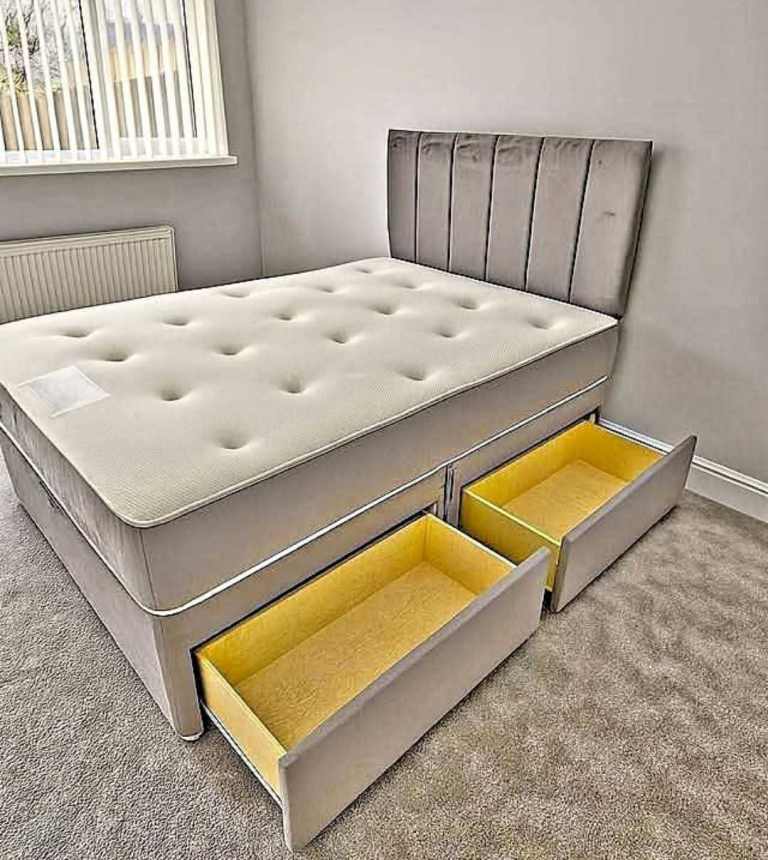 Double Bed with Headboard and Storage Drawers – Grey,  New