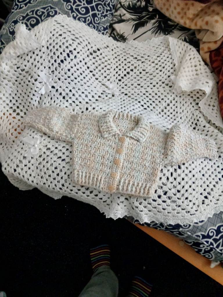 Hand knitted woven shirt for newborn to 3 month baby and blanket as pictured