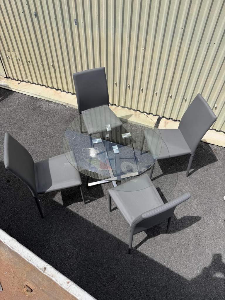 Glass Dining Table with 4 Grey Chairs