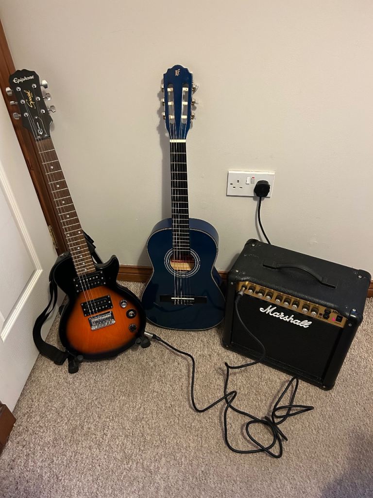 Junior guitar package, Epiphone Les Paul, Marshall amp, Acoustic guitar 