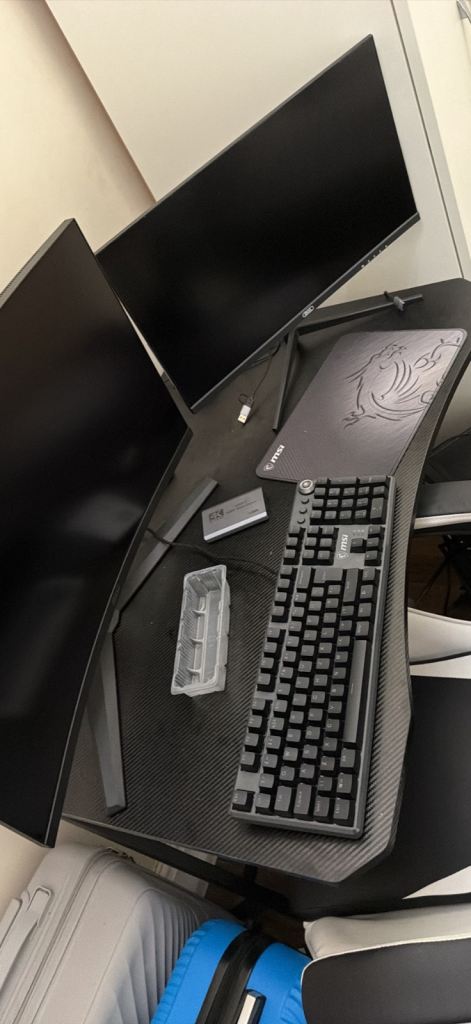 Gaming Desk, Chair, and Dual Monitors Setup – Good Condition