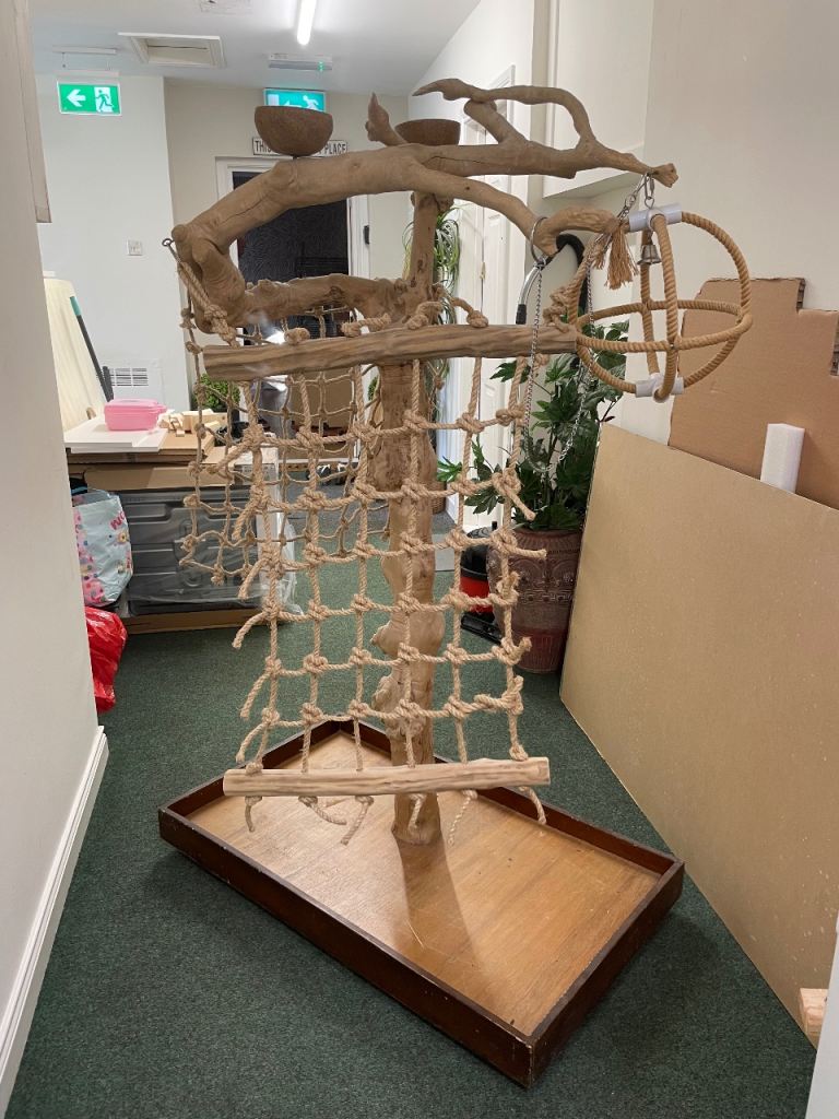 Large wooden parrot play stand with rope net and perches