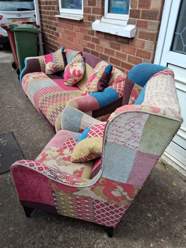 Patchwork Fabric Sofa - Multicoloured, Good Condition