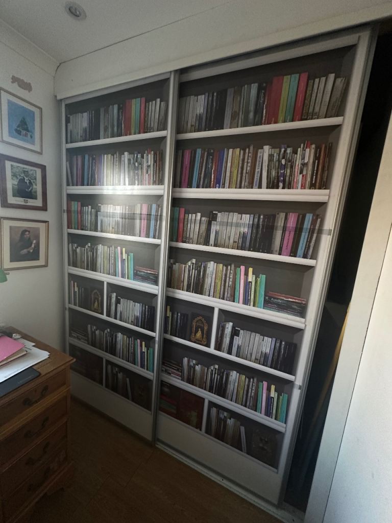Sliding Wardrobe / Storage Doors with Bookcase Print – White Frame