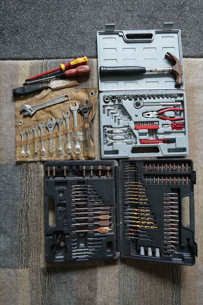 Hand Tool Set with Wrenches, Sockets, Screwdrivers, and Drill Bits