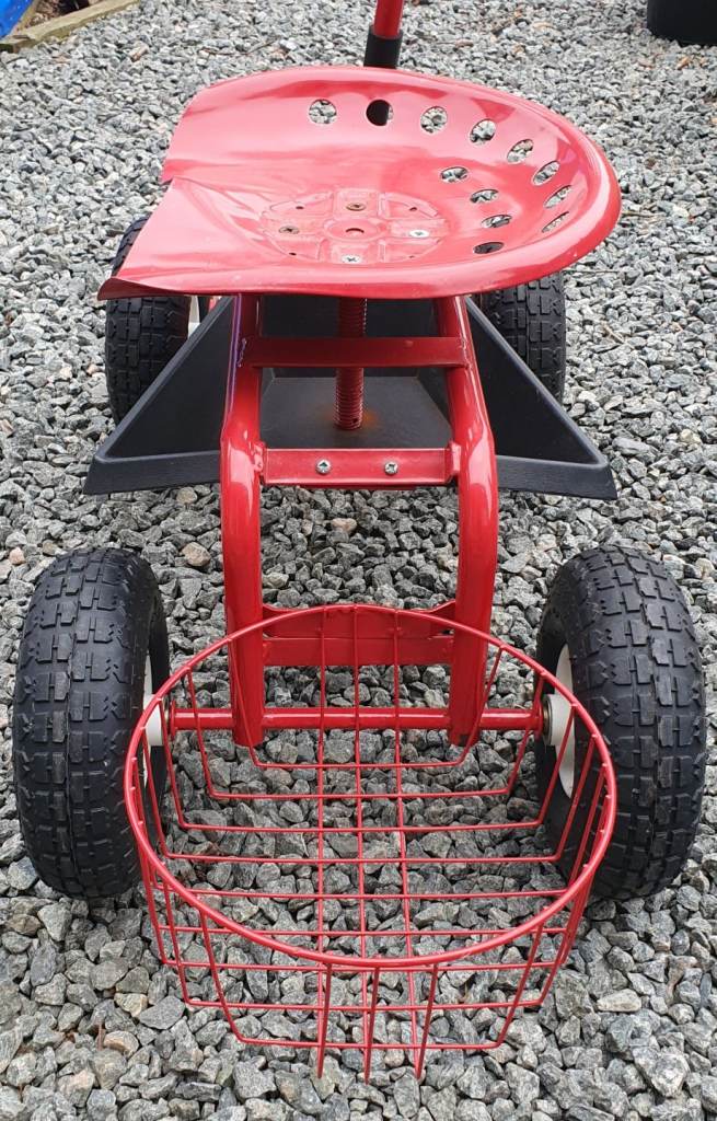 Garden Cart with Seat, Handle, Storage Tray and Basket.