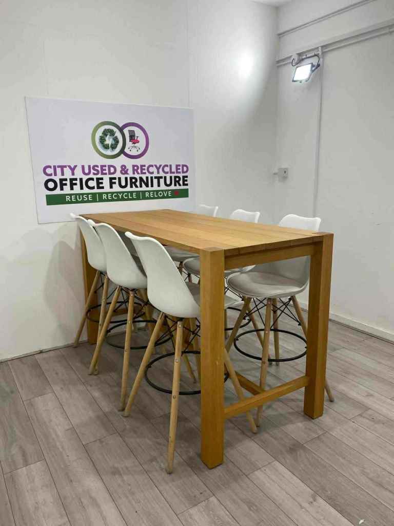 Orangebox Poseur Table Set w/ 6 White & Oak Stools – Modern Breakout Seating