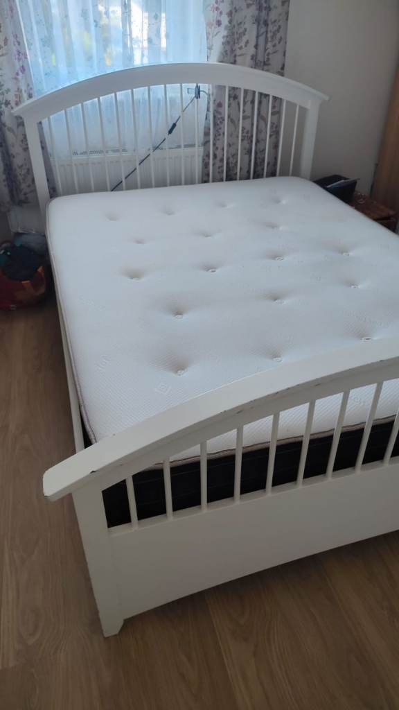 White Double Bed Frame with Mattress – Good Condition