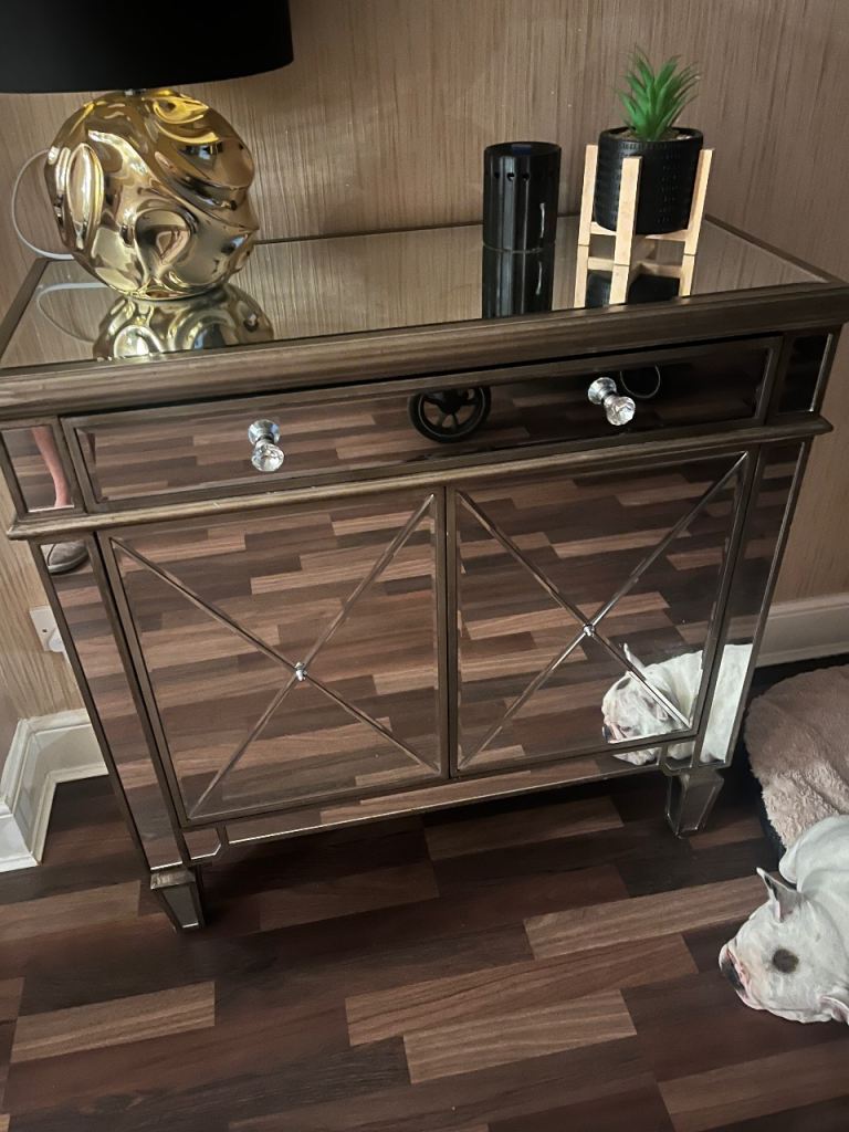 Mirrored Console Table with Drawer and Doors – Good Condition