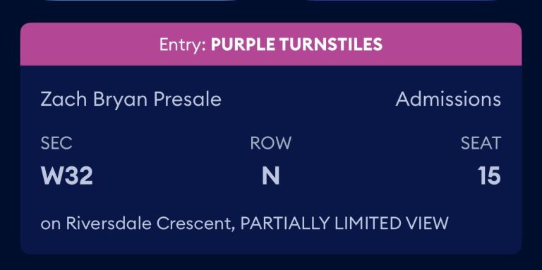 Zach Bryan Presale Ticket – SEC W32, Row N, Seat 15