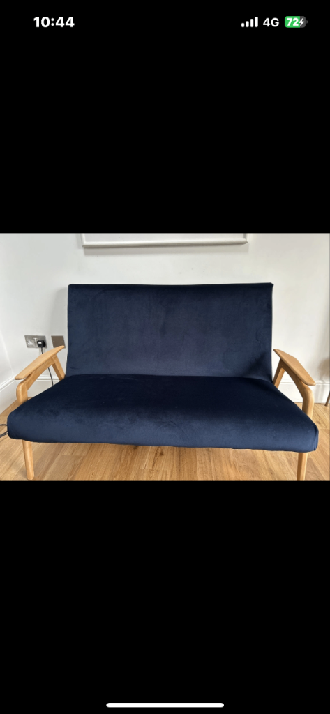 Mid century sofa with wooden arms  reupholstered in navy velour