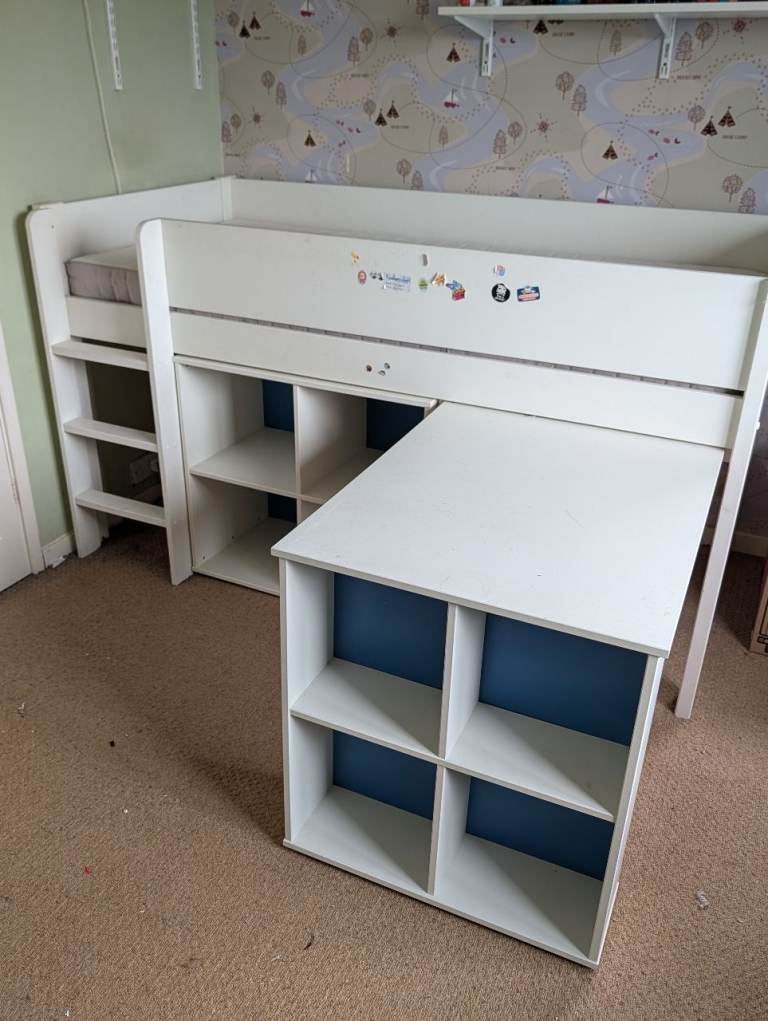 Cabin bed with cube storage and pull out desk