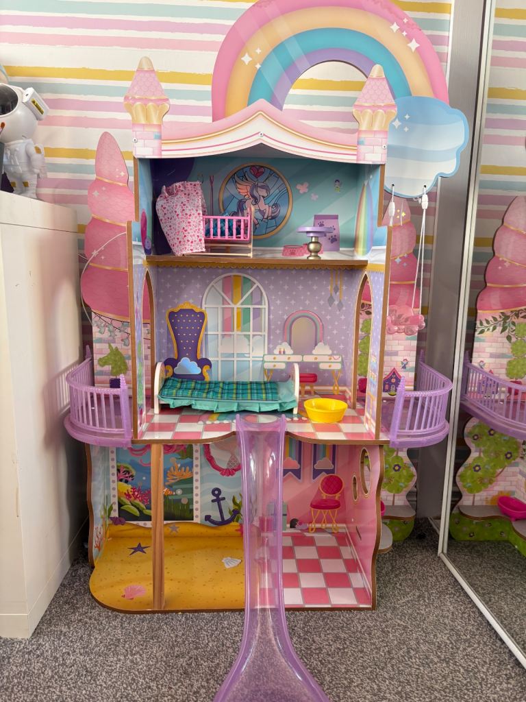 Rainbow doll house with slide and swing 