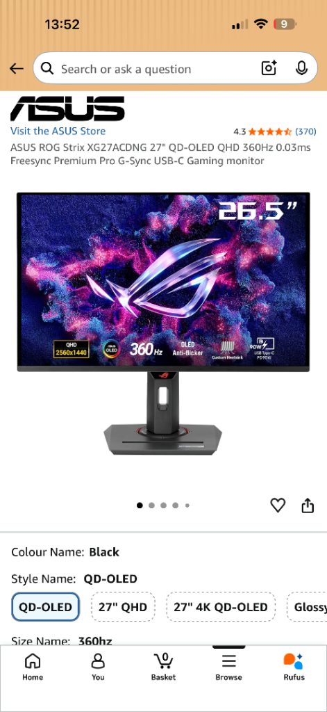 ASUS 360hz 27 inch gaming monitor QD-OLED
