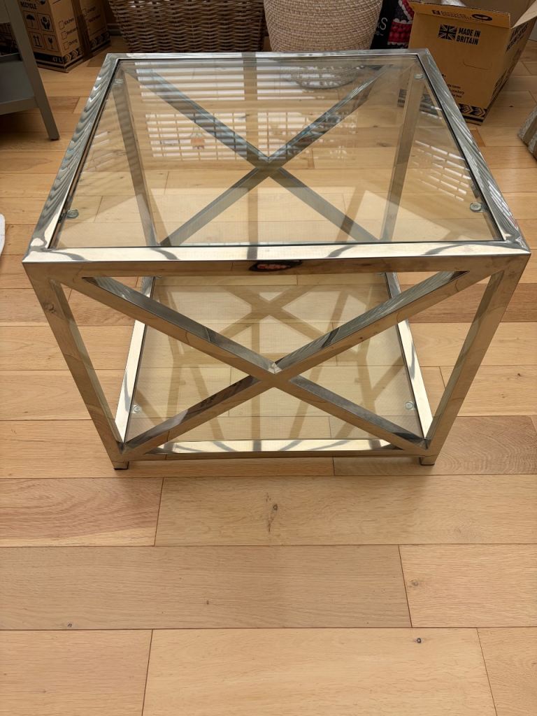 Stylish Silver Metal and Glass Side Table