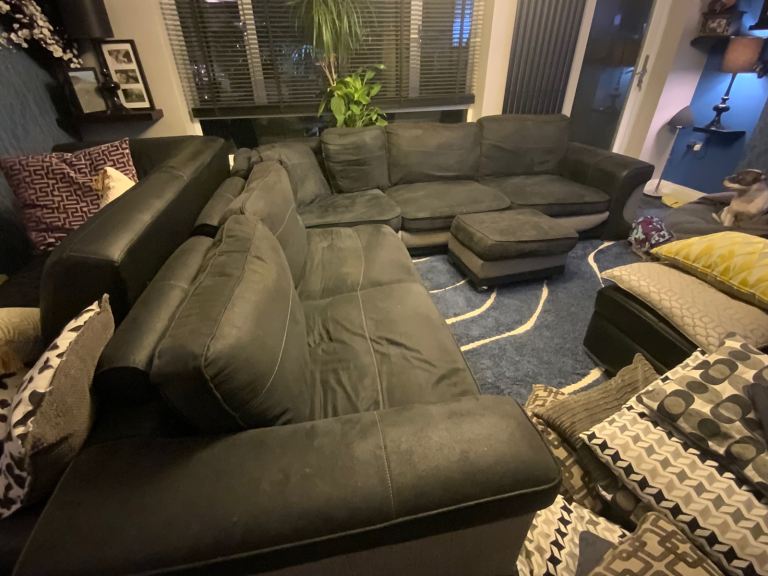 Large Corner Sofa black with storage footstool