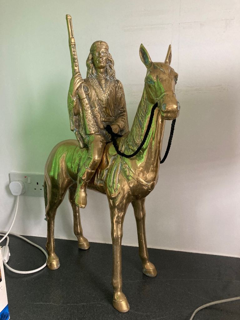 Vintage Solid Brass First Nation Man On A Horse Sculpture 