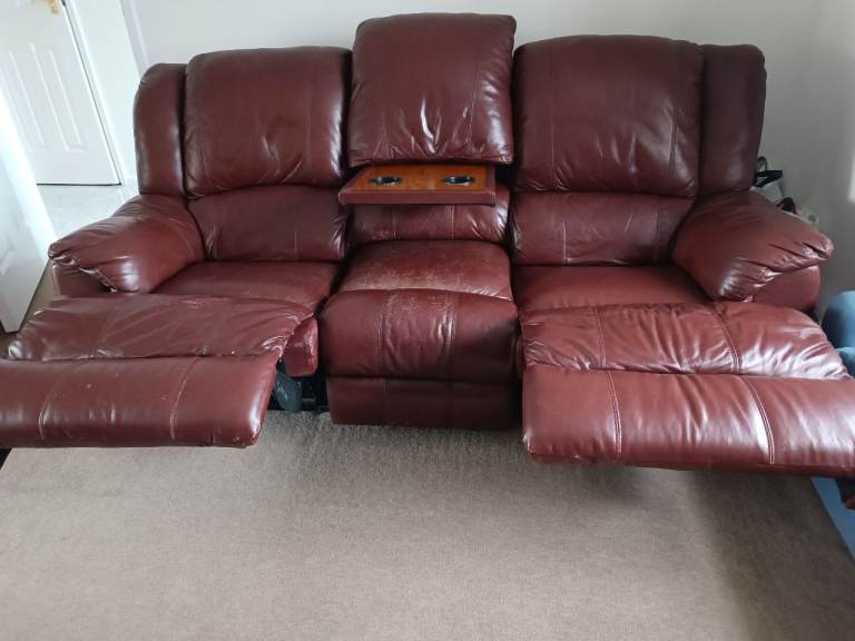 Comfortable Brown Leather Reclining 3-Seater Sofa with Cupholders