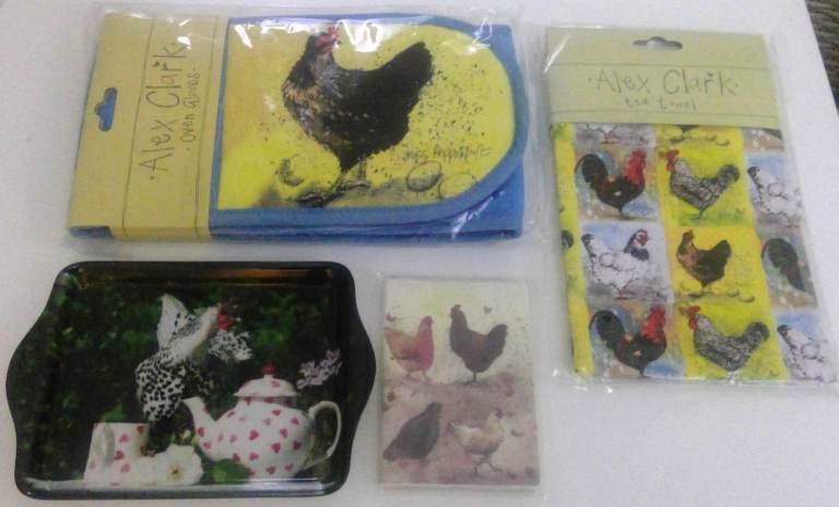 Bundle New Stock Hen Chicken Themed Gifts by Alex Clark Trinket Tray Notebook Tea Towel Oven Gloves