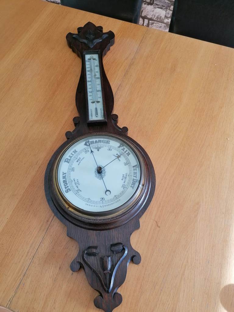 Large Antique Carved Oak Aneroid Barometer and Thermometer 