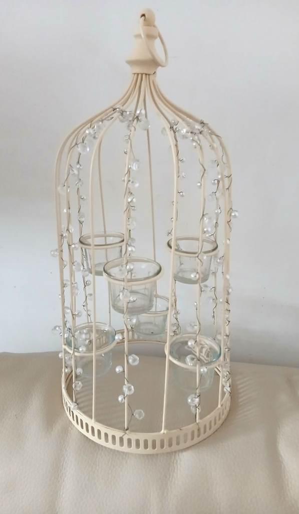 NEW UNUSUAL TALL METAL AND GLASS BIRDCAGE STYLE CANDLE HOLDER 