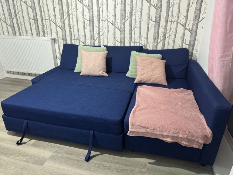 IKEA FRIHETEN Blue Fabric Corner Sofa Bed with Storage – Like New!