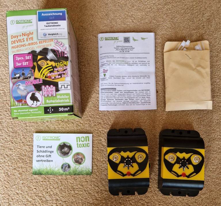 2x ISOTRONIC Day & Night Devil's Eye Pigeon & Bird Repeller