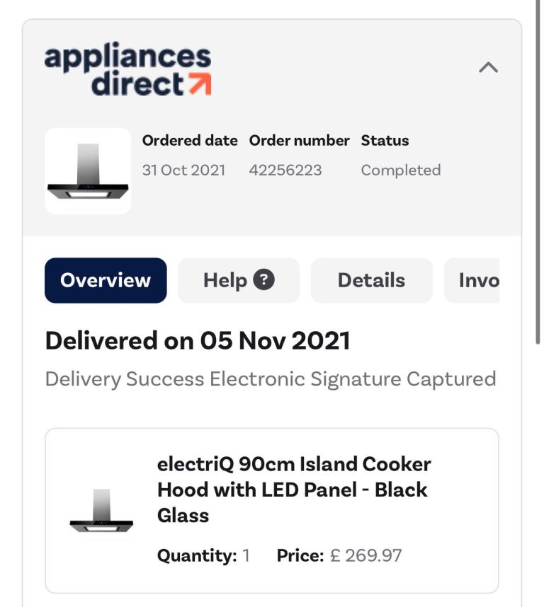 electriQ 90cm Island Cooker Hood with LED Panel - Black Glass, New in Box