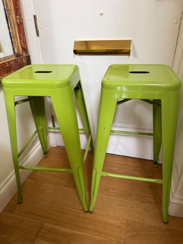 *2x Tolix style lime green bar stools 75cm high*